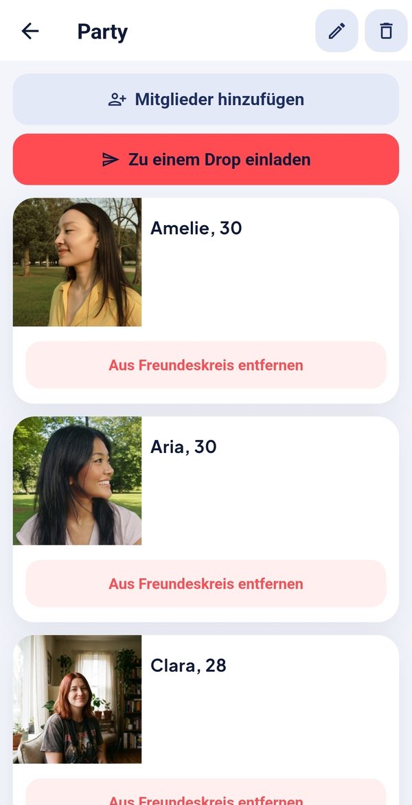 Mitglieder eines Circles in der forrealz! App mit einem Button zum Einladen zu einem Drop