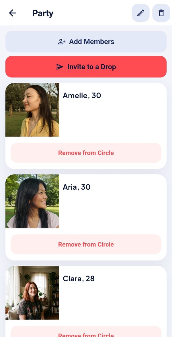 Members of a Circle in the forrealz! app, with an Invite to a Drop button