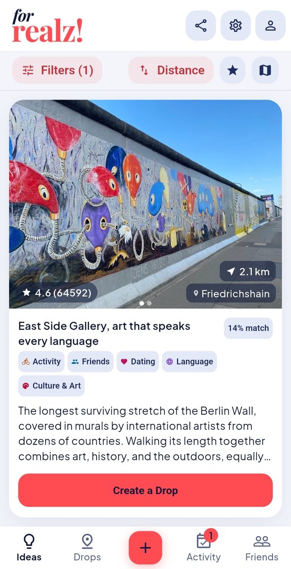 Browsing nearby activity suggestions in the forrealz! app