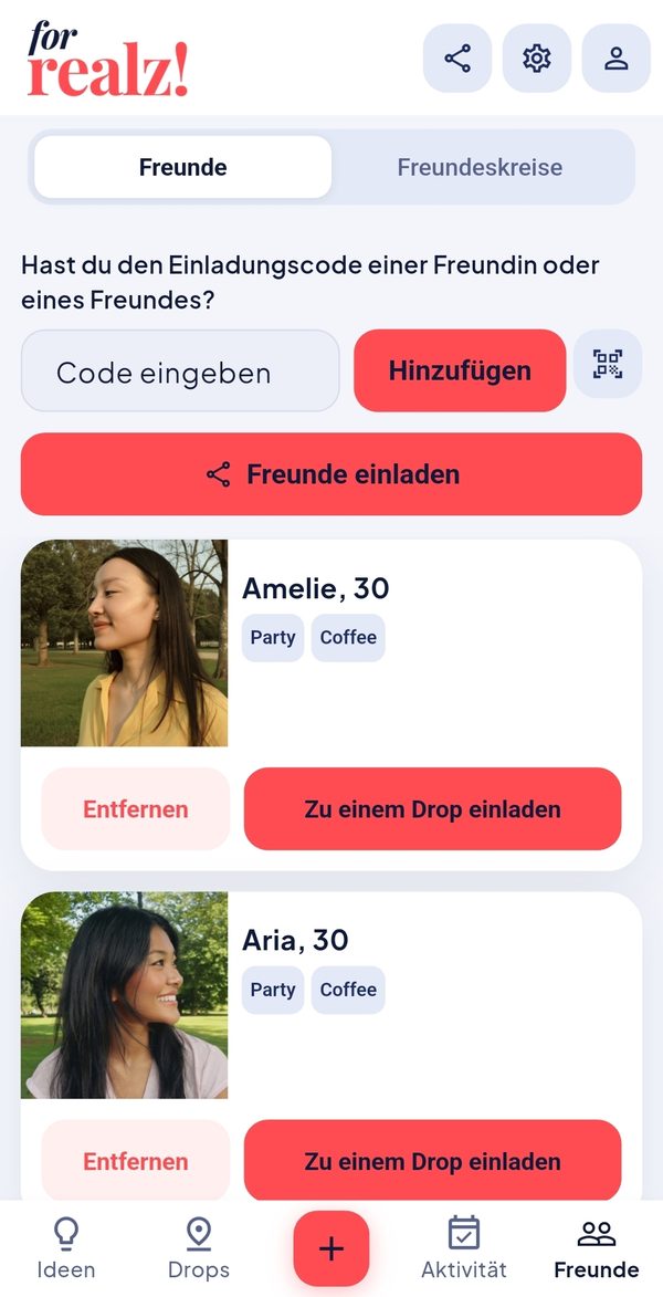 Der Freunde-Tab in der forrealz! App mit Eingabefeld für einen Einladungscode und einer Freundesliste