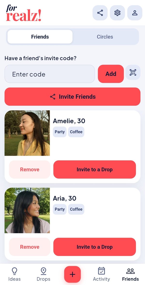 The Friends tab in the forrealz! app, with an invite code field and a list of friends