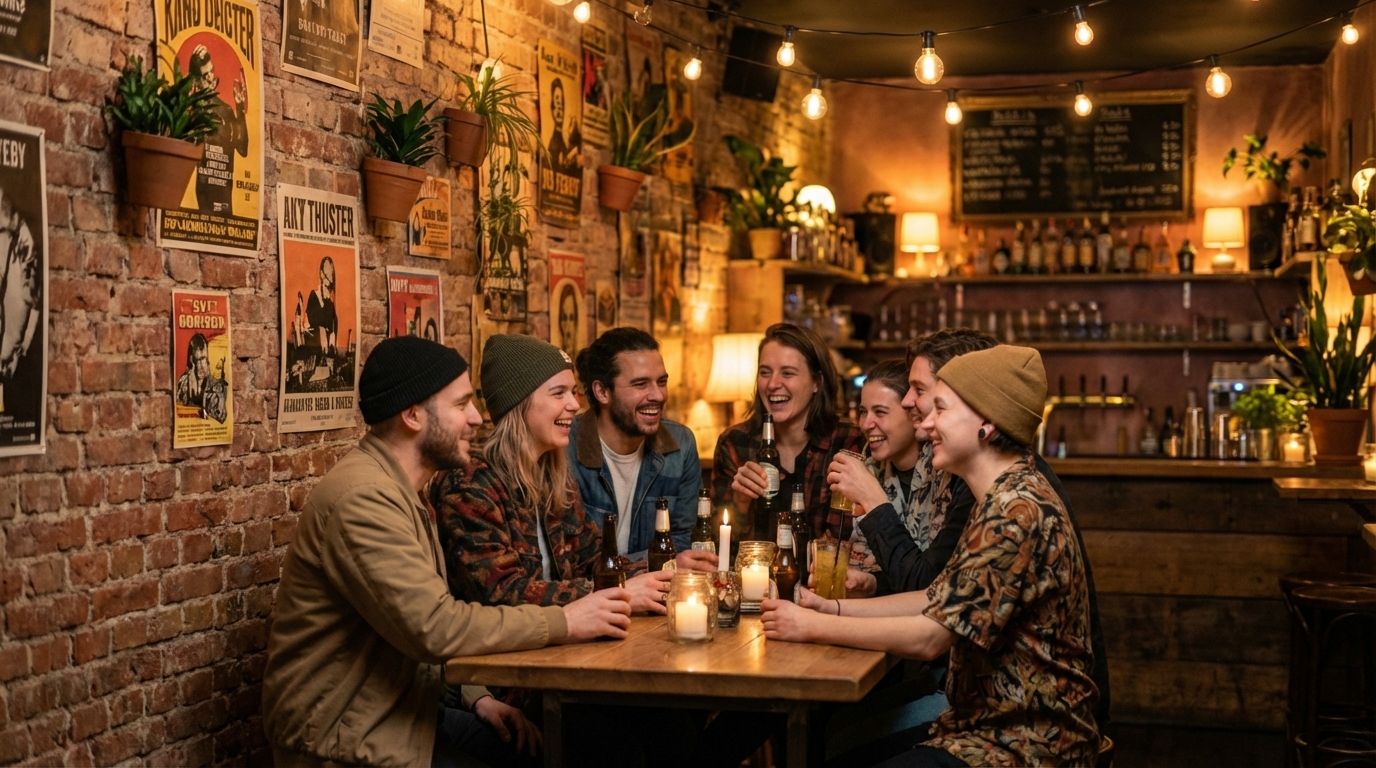 Friends meeting at a Berlin bar through forrealz!