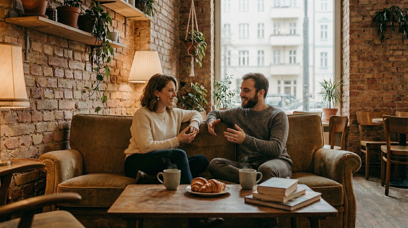 Two people on a date at a Berlin cafe, arranged on forrealz!